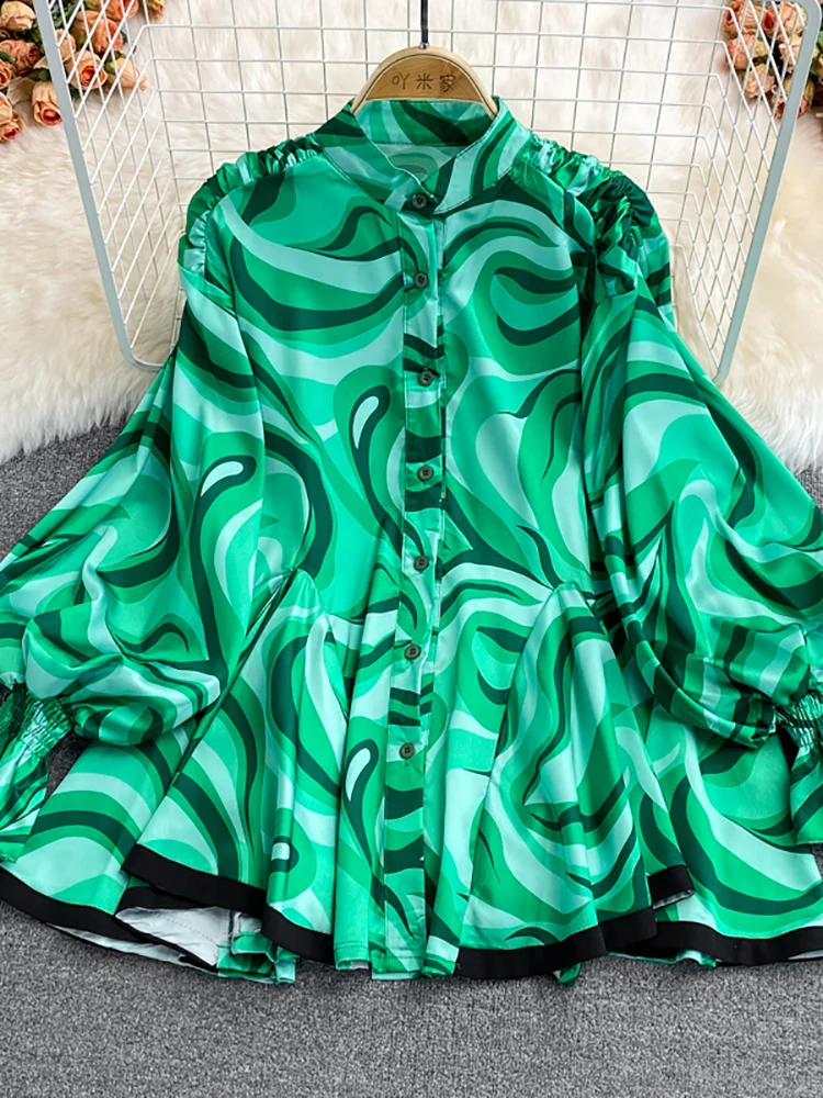Autumn Women Tie Dye Printed Blouse Vintage Stand Collar Single Breasted Lantern Long Sleeve Ruffle Shirt Female Elegant Tops
Autumn Women Tie Dye Printed Blouse Vintage Stand Collar Single Breasted Lantern Long Sleeve Ruffle Shirt Female Elegant Tops