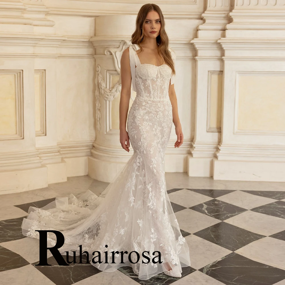 

Ruhair Luxurious Bow Trumpet Sheath Spaghetti Strap Wedding Gown For Bride Appliques Lace Made To Order Vestido De Casamento