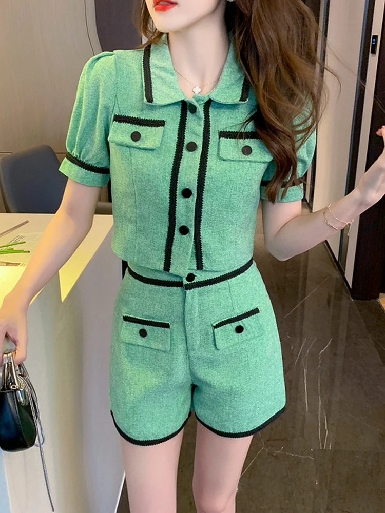 High Waist Wide Leg Shorts Summer Two Piece Sets Lapel Puff Sleeve Women's Elegant Short Sleeve Crop Tops + Shorts Suit
High Waist Wide Leg Shorts Summer Two Piece Sets Lapel Puff Sleeve Women's Elegant Short Sleeve Crop Tops + Shorts Suit