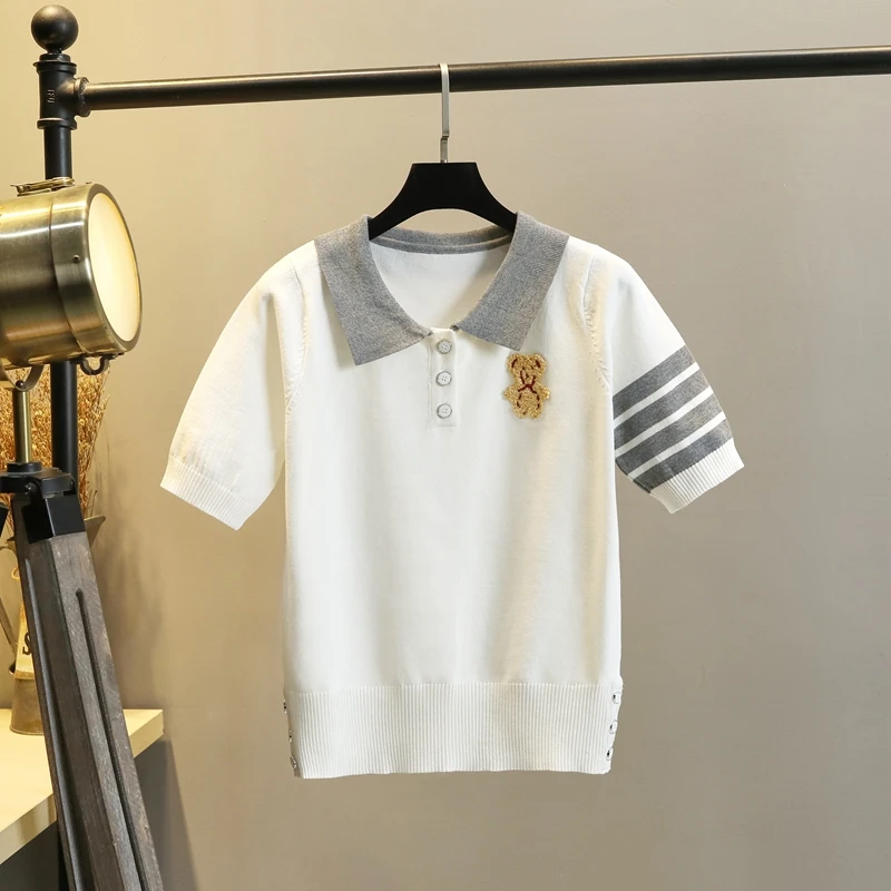 Golf Student Wear TB College Style Summer New Lapel Loose Short-sleeved Ice Silk Knitted T-shirt Female Bear Jacquard POLO Shirt
Golf Student Wear TB College Style Summer New Lapel Loose Short-sleeved Ice Silk Knitted T-shirt Female Bear Jacquard POLO Shirt