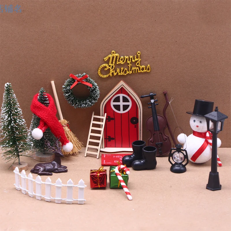 

1 шт. рождественский кукольный домик, деревянная дверь эльфа, веревка, шляпа, венок, мини-дерево, подарок, игрушечный домик, миниатюрная модель сказочной сцены, Рождественский Декор