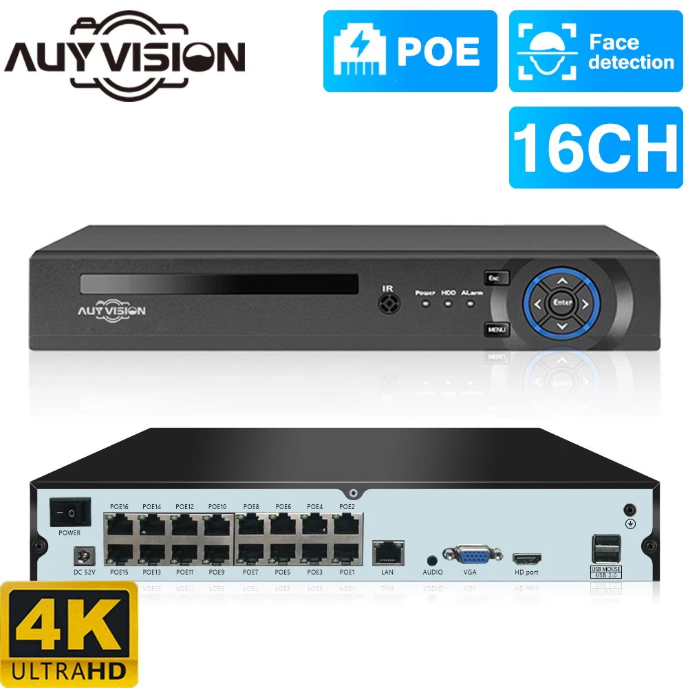 

XMEye 16CH 4K POE NVR H.265+ ONVIF Surveillance Security Video Recorder 4K 5MP 4MP 3MP 1080P Face Detection NVR For IP Camera