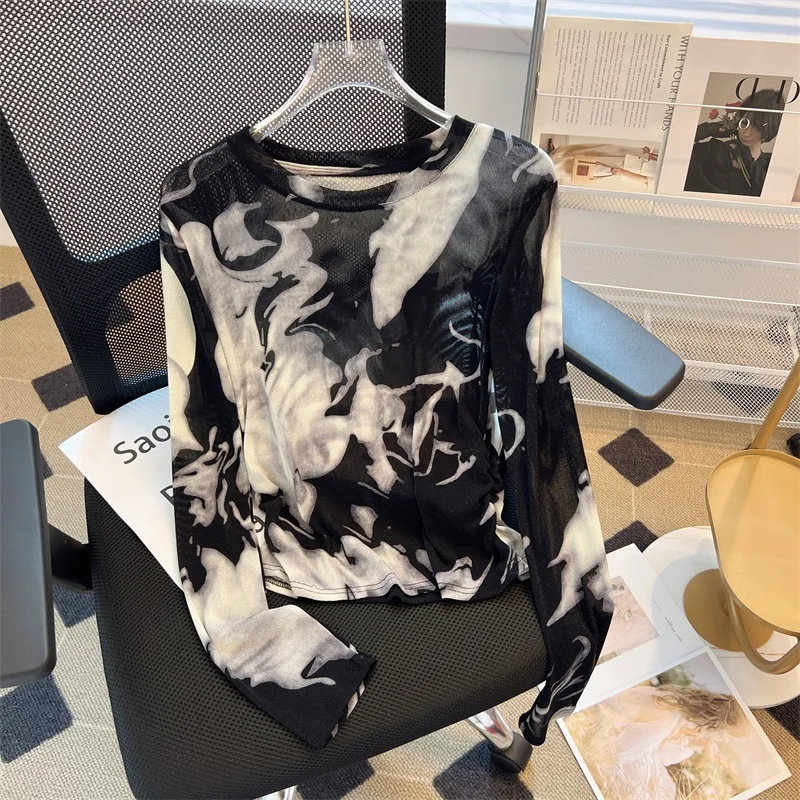 Sunscreen T-shirts for Women Summer Thin Tops Vintage Tie Dye Ink Painting Bright Yarn Mesh Long Sleeve Loose Clothes 27436
Sunscreen T-shirts for Women Summer Thin Tops Vintage Tie Dye Ink Painting Bright Yarn Mesh Long Sleeve Loose Clothes 27436