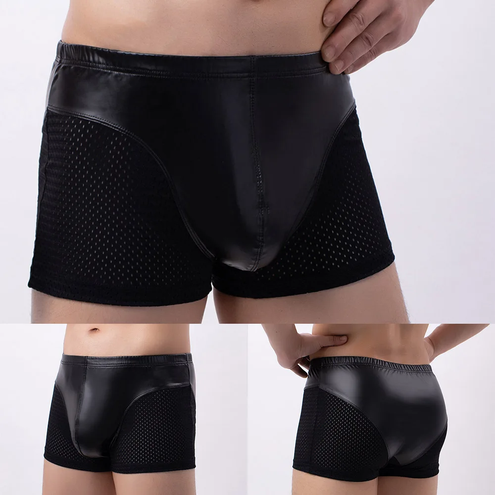 Men Boxers Shorts U Convex Pouch Panties Faux Leather Splicing Mesh Underpants Sexy Breathable Underwear
Men Boxers Shorts U Convex Pouch Panties Faux Leather Splicing Mesh Underpants Sexy Breathable Underwear