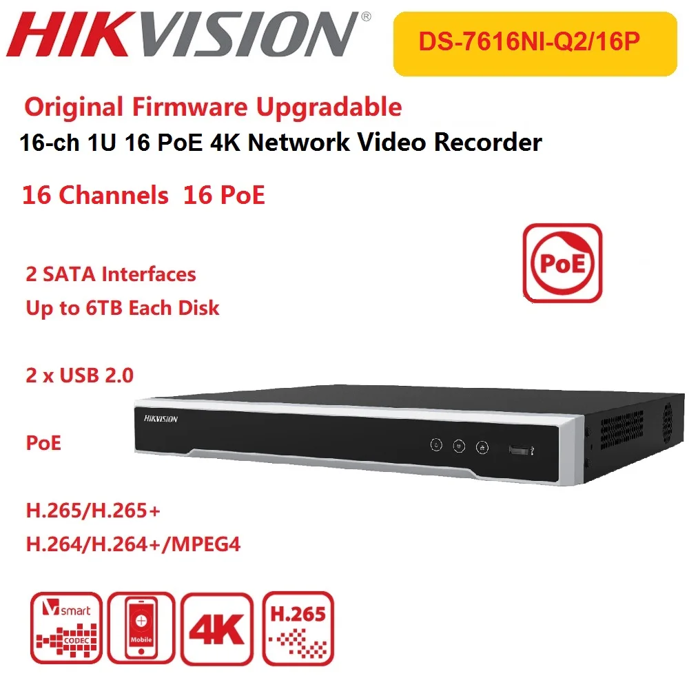 

Сетевой видеорегистратор Hikvision NVR DS-7616NI-Q2/16 P 16-CH 1U 16 PoE 4K