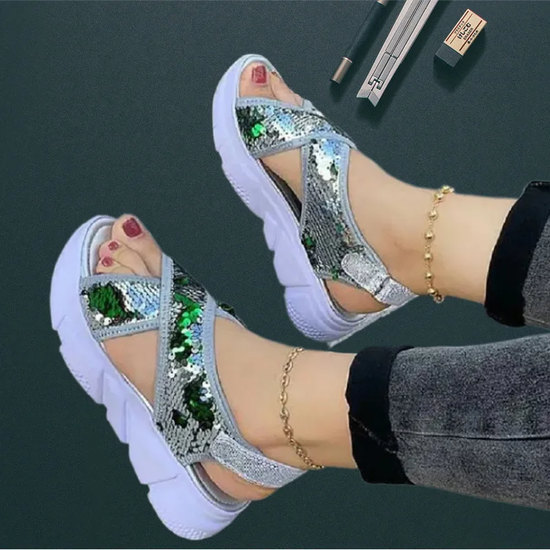 New Thick Soled Velcro Bright Face Round Head Sandals Bling Beach Shoes Roman Open Toe Sequin Hook and Loop Platform Sandals
New Thick Soled Velcro Bright Face Round Head Sandals Bling Beach Shoes Roman Open Toe Sequin Hook and Loop Platform Sandals