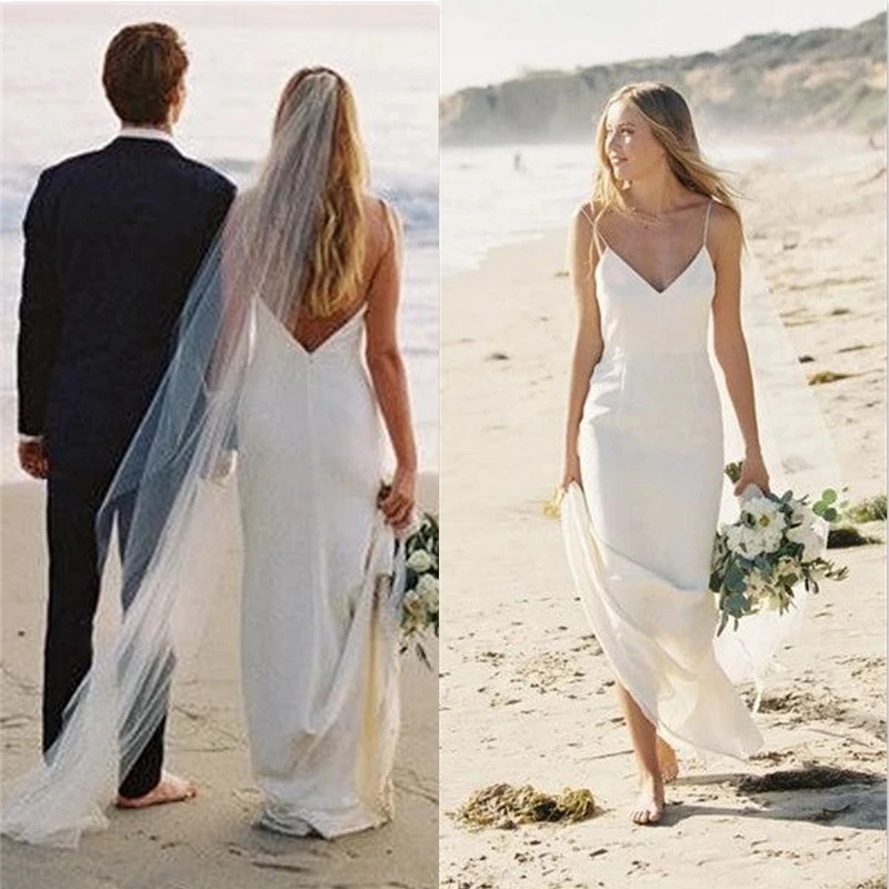 

Простое пляжное свадебное платье на бретелях-спагетти, без рукавов, с V-образным вырезом и открытой спиной, свадебное платье с вуалью, женское платье по индивидуальному заказу, 2022