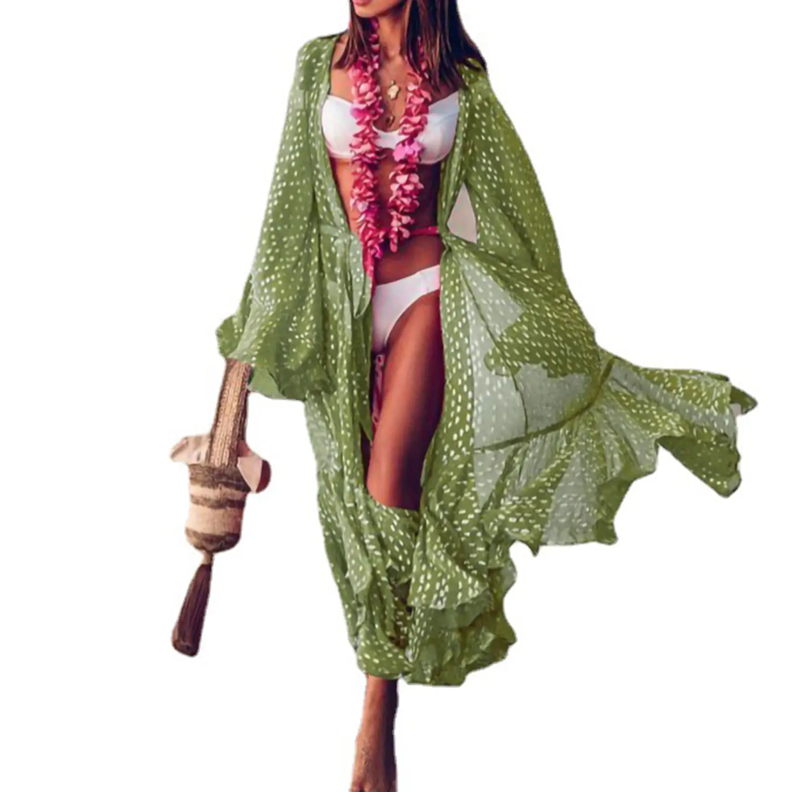 

Women Fashion Chiffon Long Sleeve Bikini Cover Up Beach Ankle Length Beachwear Vacation Polka Dots Soft Cardigan Kimono Summer