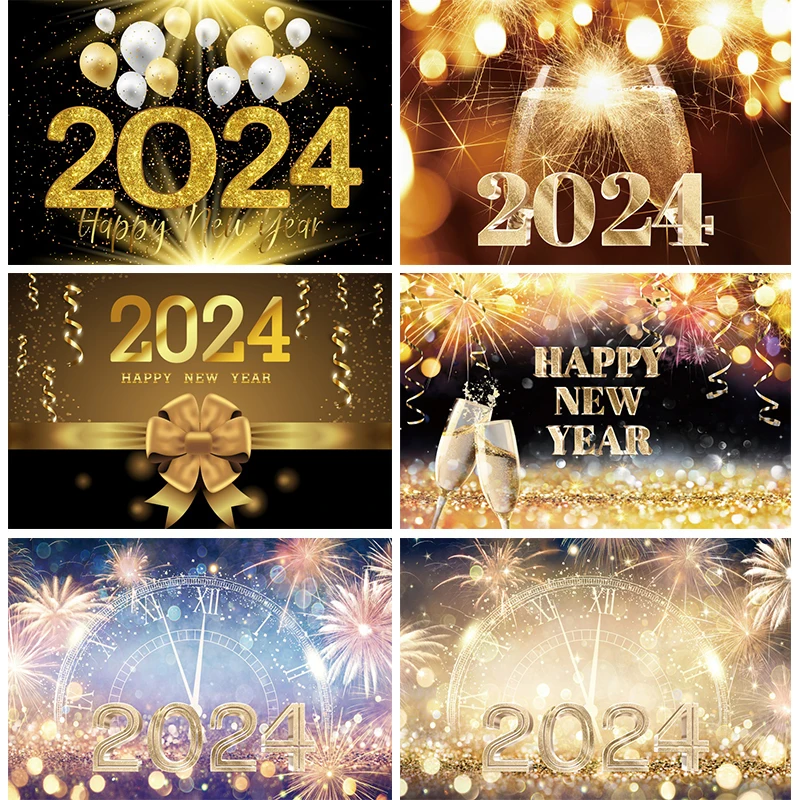 

Happy New Year Backdrop 2024 Decorations Banner Cheers Champagne Home Party Night Colorful Fireworks Background Photography Prop