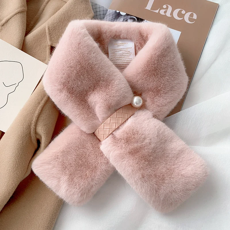 Korean Solid Color Pearl Leather Rex Rabbit Fur Collar Cross Plush Scarf Woman's Winter Knit Double Sided Thicken Warm Shawl T38 
Korean Solid Color Pearl Leather Rex Rabbit Fur Collar Cross Plush Scarf Woman's Winter Knit Double Sided Thicken Warm Shawl T38