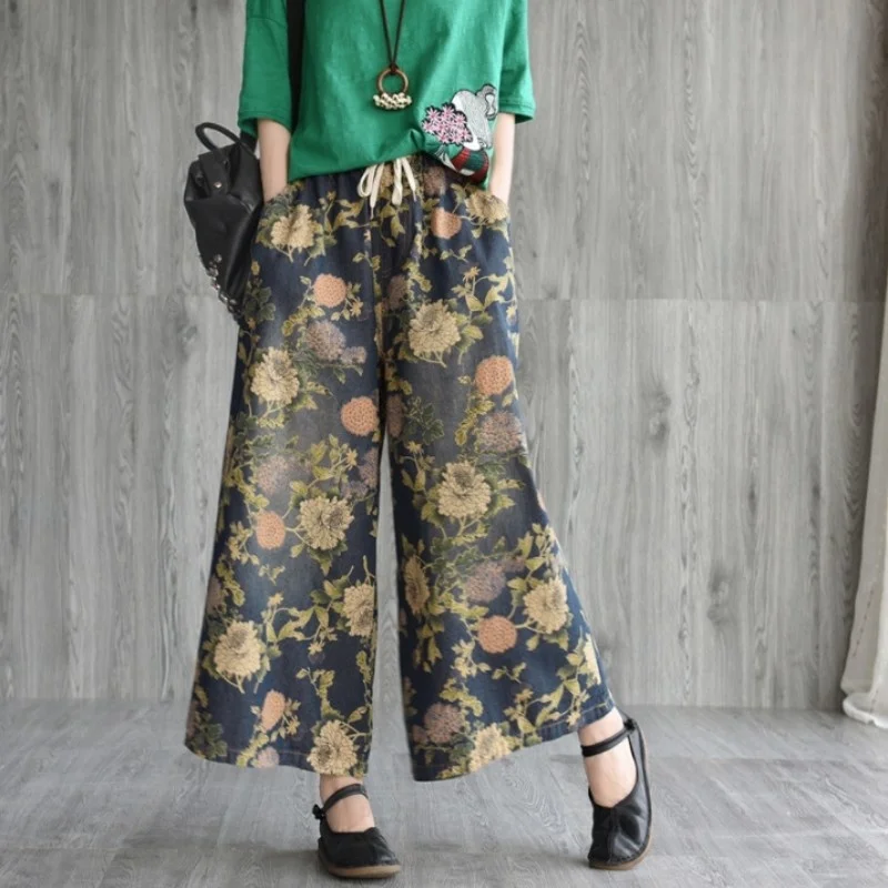 Summer Vintage Flower Printed Wide Leg Denim Pants Women Elastic Waist Drawstring Loose Fit Jeans Female Casual Trousers
Summer Vintage Flower Printed Wide Leg Denim Pants Women Elastic Waist Drawstring Loose Fit Jeans Female Casual Trousers