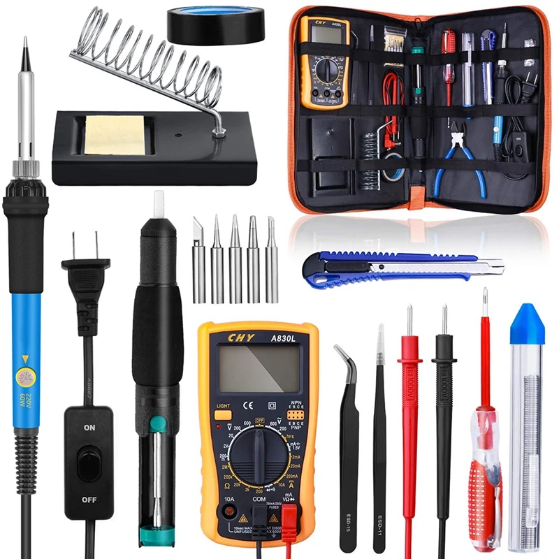 

60W Electric Soldering Iron Set With Multimeter Tin Absorber Screwdriver Utility Knife Soldering Tool Kit(US Plug)