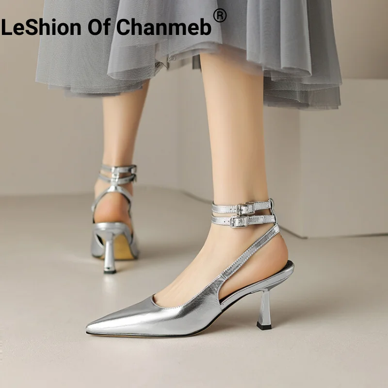 

LeShion Of Chanmeb Hand Made Genuine Leather Women Pumps Ankle Strap Double-buckle Slingback Pointy Toe Thin High Heels Shoes 40