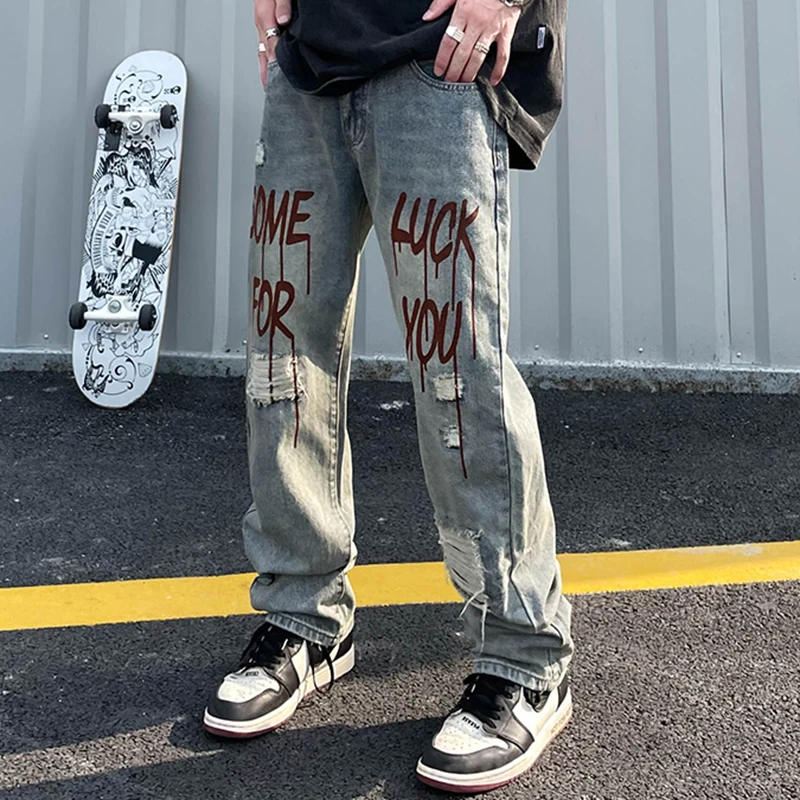 Harajuku Ripped Retro Letter Print Hole Mens Denim Pants Straight Pockets Washed Patchwork Oversized Casual Jeans Trousers 
Harajuku Ripped Retro Letter Print Hole Mens Denim Pants Straight Pockets Washed Patchwork Oversized Casual Jeans Trousers