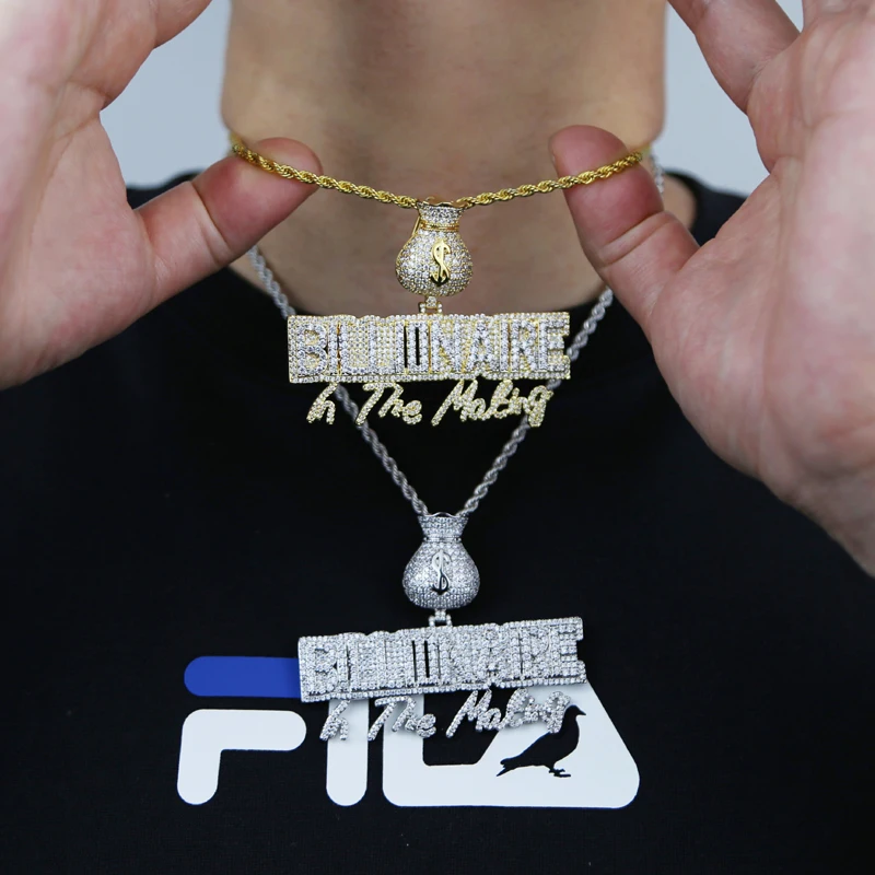 Hip Hop Bling 5A Cubic Zirconia Paved Billionaire In The Making Letter Pendant Iced Out Fashion Mens US Dollar Money Bag Jewelry
Hip Hop Bling 5A Cubic Zirconia Paved Billionaire In The Making Letter Pendant Iced Out Fashion Mens US Dollar Money Bag Jewelry