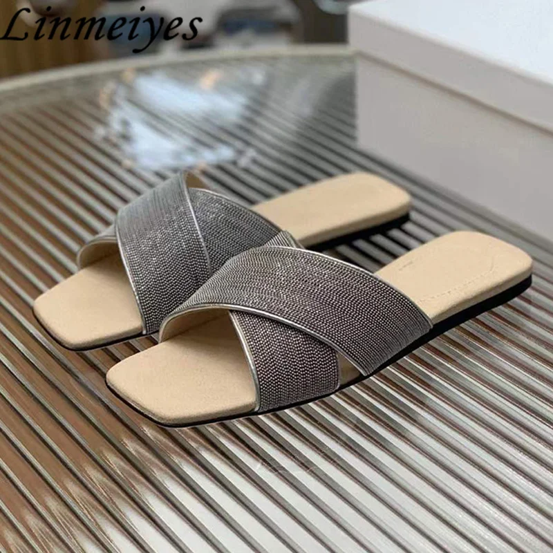 Hot Sale Flat Slippers Women String Bead Chain Mules Cow Suede Peep Toe Holiday Beach Shoes Summer Slides Comfy Slippers Woman
Hot Sale Flat Slippers Women String Bead Chain Mules Cow Suede Peep Toe Holiday Beach Shoes Summer Slides Comfy Slippers Woman