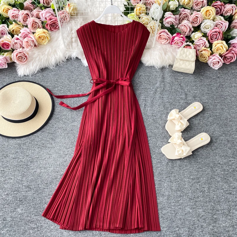 Summer Vintage Dress Women Pleated Dress O Neck Sleeveless A-Line Dresses Fashion Lace-Up Midi Sundress Z281
Summer Vintage Dress Women Pleated Dress O Neck Sleeveless A-Line Dresses Fashion Lace-Up Midi Sundress Z281