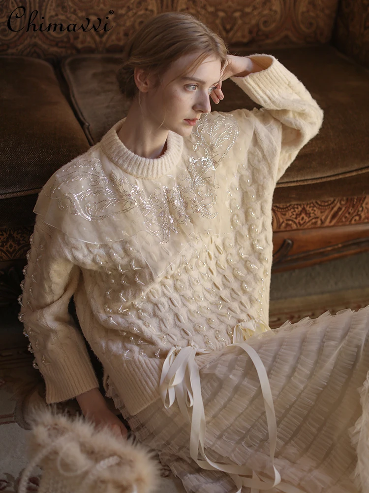 Autumn Handmade Beaded Butterfly Ribbon Knitted Top Fashion French Thread Pullover Sweater Long Sleeve Loose Elegant Sweaters
Autumn Handmade Beaded Butterfly Ribbon Knitted Top Fashion French Thread Pullover Sweater Long Sleeve Loose Elegant Sweaters