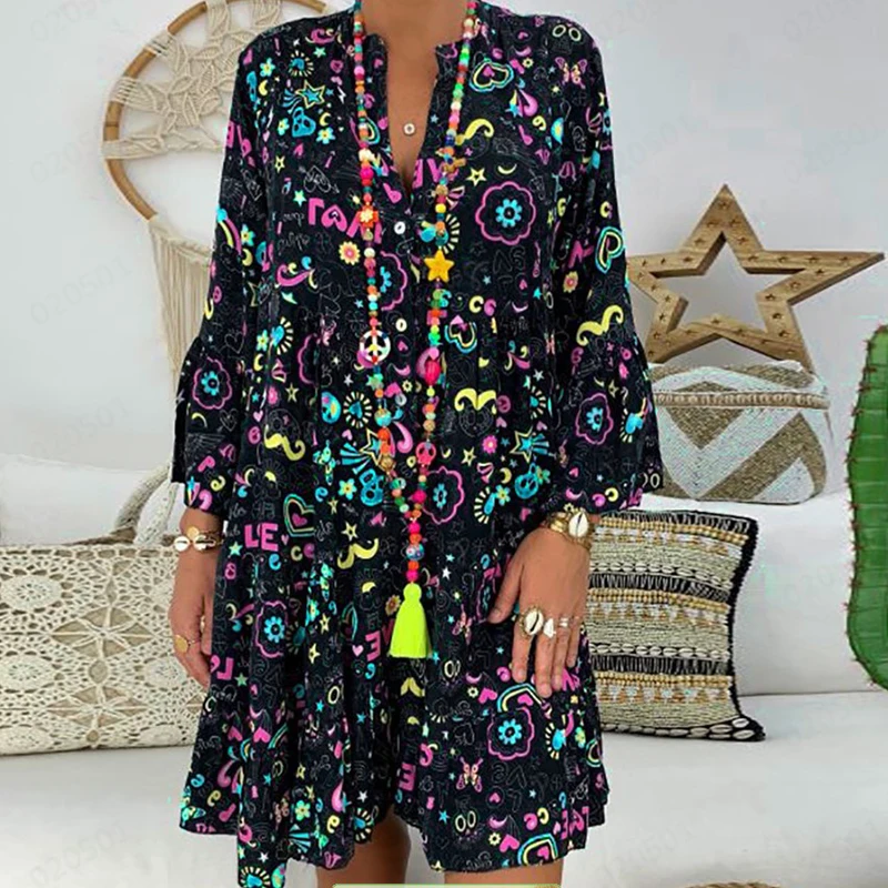 Spring Casual Floral Print Pleated Party Dress Women Sexy V Neck Loose Boho Mini Dress Summer 3/4 Flare Sleeve Office Lady Dress
Spring Casual Floral Print Pleated Party Dress Women Sexy V Neck Loose Boho Mini Dress Summer 3/4 Flare Sleeve Office Lady Dress