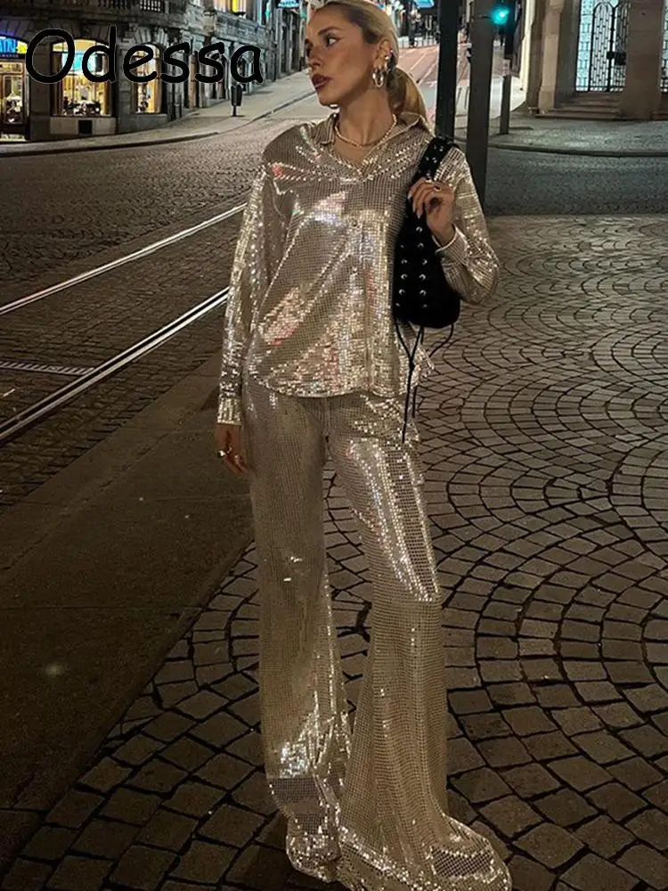 Odessa Glitter Silver Party Two Piece Pants Set Women Long Sleeve Shirts Full Length Flare Pant Matching Sets Club Night Outfits
Odessa Glitter Silver Party Two Piece Pants Set Women Long Sleeve Shirts Full Length Flare Pant Matching Sets Club Night Outfits