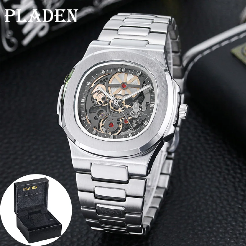 

Power Reserve Mechanical Watches Men's PP Skeleton Stainless Steel Powerful Automatic Watch Square Waterproof Hand Clock New
