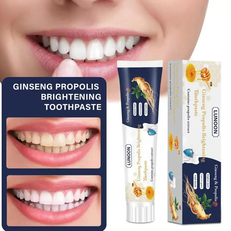 100g Teeth Whitening Toothpaste Ginseng Propolis Toothpaste For Bad Breath Control Deep Cleaning Remove Old Stains Mousse
100g Teeth Whitening Toothpaste Ginseng Propolis Toothpaste For Bad Breath Control Deep Cleaning Remove Old Stains Mousse