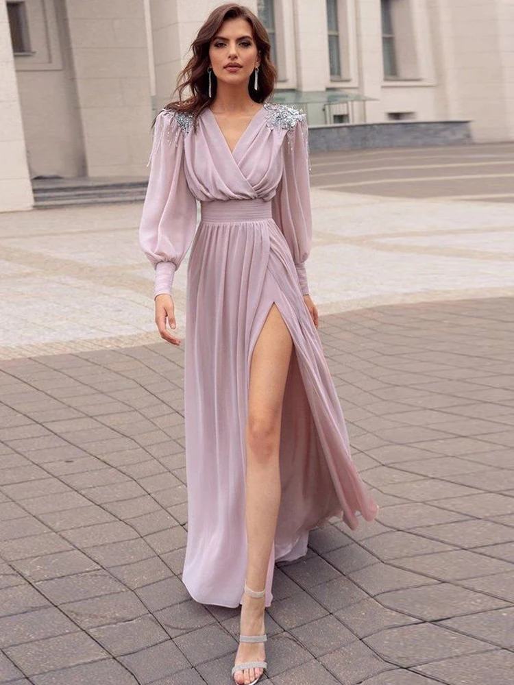 Elfin Princess Evening Dresses Chiffon Beading Prom Party Gown Plus Size Long Sleeve V-neck Formal Evening Gown with Split
Elfin Princess Evening Dresses Chiffon Beading Prom Party Gown Plus Size Long Sleeve V-neck Formal Evening Gown with Split