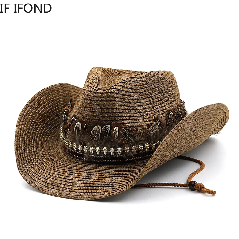 

Hand Made Straw Western Cowboy Hat For Women Men Summer Curling Brim Beach Sun Hats Panama Cowgirl Jazz Cap
