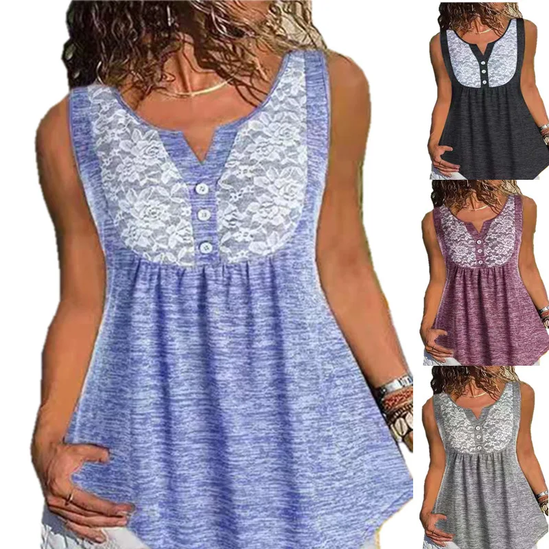 Fashion Summer Sleeveless Women's Sexy V Neck Elegant Lace Stitching Buttons Large Size Off Shoulder Casaual Solid Tank T-shirt
Fashion Summer Sleeveless Women's Sexy V Neck Elegant Lace Stitching Buttons Large Size Off Shoulder Casaual Solid Tank T-shirt