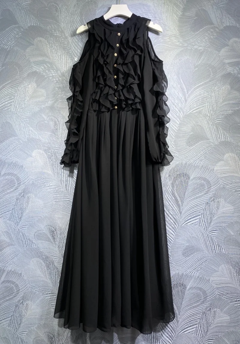 Женское длинное платье с рюшами, черное повседневное элегантное платье макси с длинным рукавом, украшенное цветочными пуговицами, высокого качества
Женское длинное платье с рюшами, черное повседневное элегантное платье макси с длинным рукавом, украшенное цветочными пуговицами, высокого качества