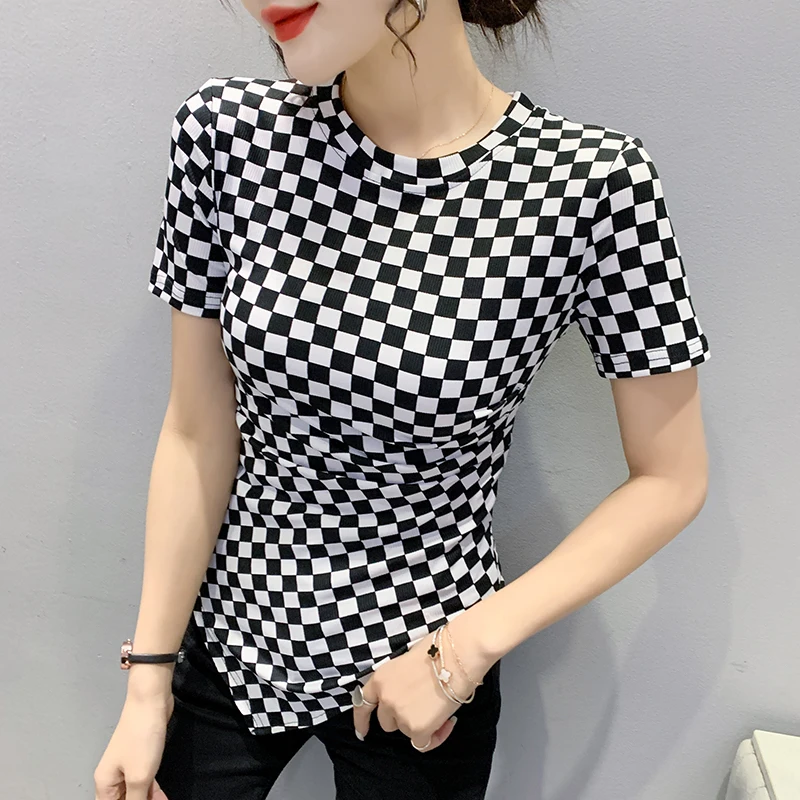 Summer Plaid T Shirts Women O-neck Short Sleeve Tees Girls Slim Irregular Folds Tees T shirts Tops For Female
Summer Plaid T Shirts Women O-neck Short Sleeve Tees Girls Slim Irregular Folds Tees T shirts Tops For Female