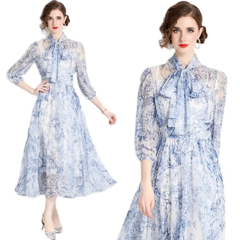 Summer 3/4 Puff Sleeve Chiffon Maxi Dresses Floral Print 2023 Women Vacation Bow Tie Neck Slim Party Big Swing Dress Ballgown 
Summer 3/4 Puff Sleeve Chiffon Maxi Dresses Floral Print 2023 Women Vacation Bow Tie Neck Slim Party Big Swing Dress Ballgown