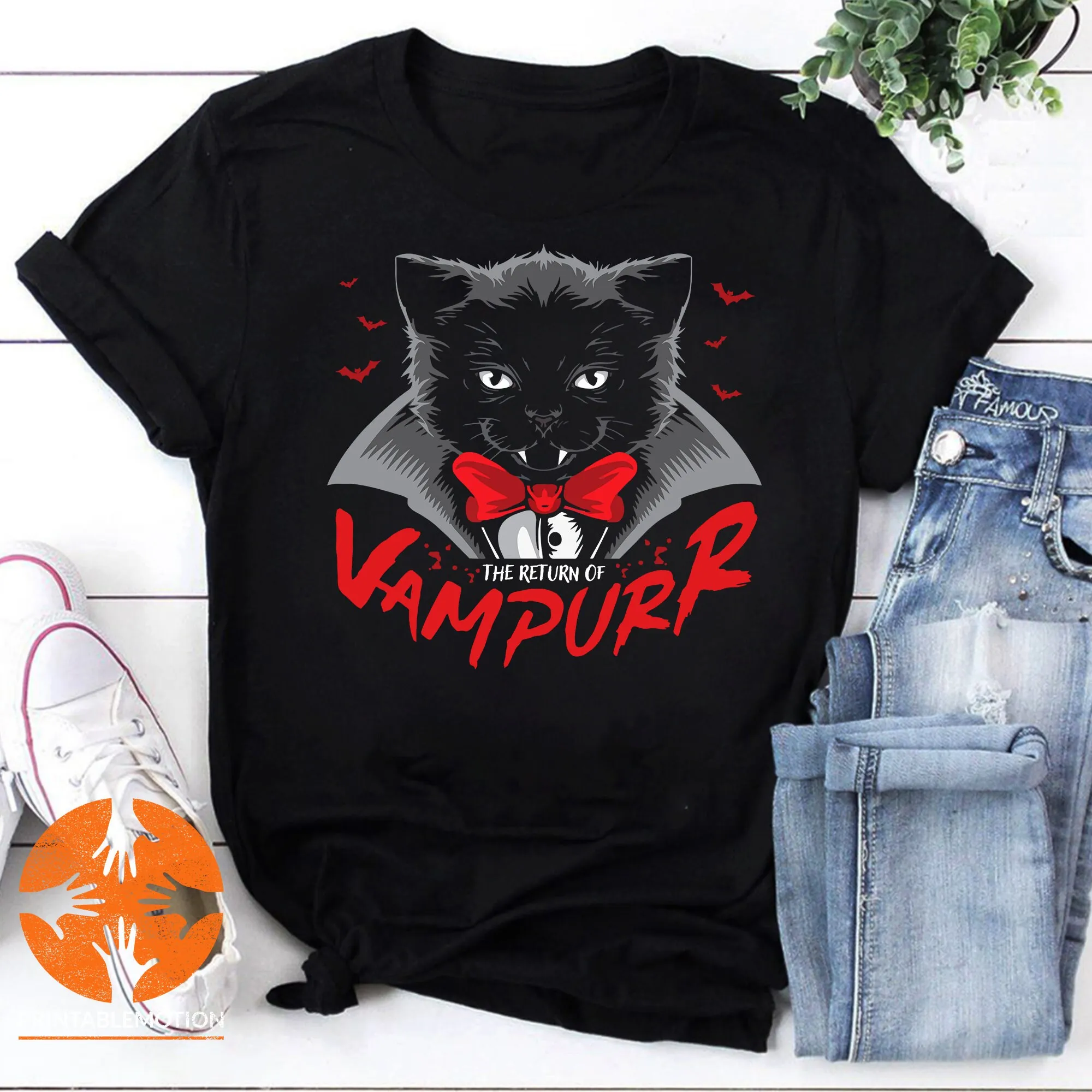Винтажная футболка с котом вампира на Хэллоуин возвращение Vampurrr забавная для