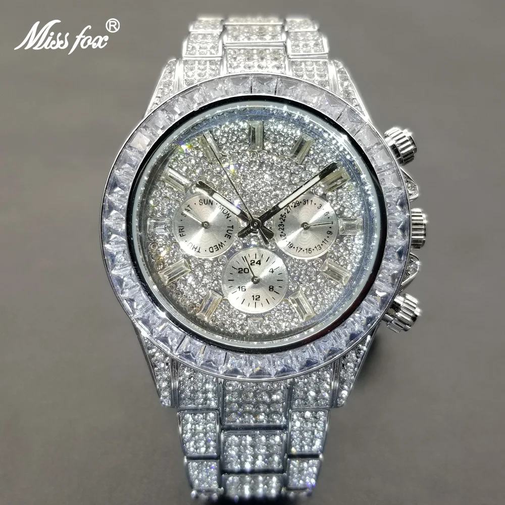 MISSFOX Hip Hop Wristwatch For Men Luxury Ice Out Full Diamond Watches Hip Hop Fashion Silver Wterproof Week Display Clock 2022 
MISSFOX Hip Hop Wristwatch For Men Luxury Ice Out Full Diamond Watches Hip Hop Fashion Silver Wterproof Week Display Clock 2022