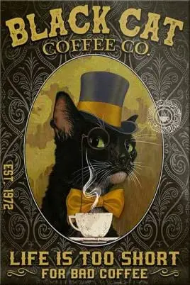 Черная кошка кофейная компания Ретро металлический жестяной знак винтажный искусство настенный Декор для дома гостиной Кофейни кухни
Черная кошка кофейная компания Ретро металлический жестяной знак винтажный искусство настенный Декор для дома гостиной Кофейни кухни