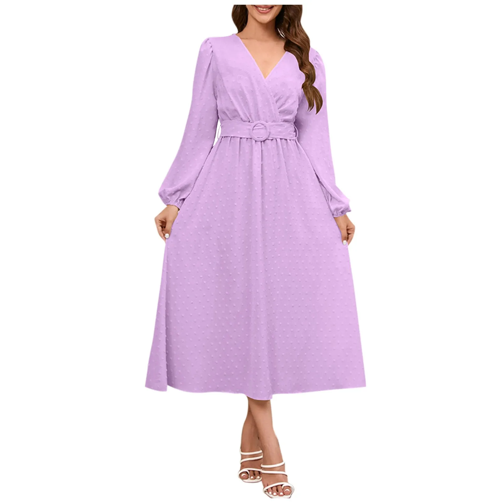 

2023 Women'S New Fashion V-Neck Solid Color Long Sleeve Dress Belt Slim Fit Elegant Romantic A-Line Dress Vestido Feminino