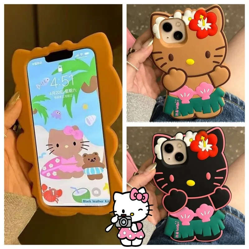 

Hawaii Hello Kitty Phone Case Iphone11 12 13 14Promax Cartoon Stereoscopic Doll Back Cover Silica Protective Case Kawaii Gift