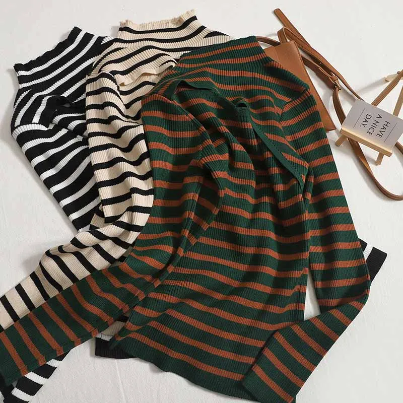 

Design Sense Hollowed Out Contrast Color Striped Knitted Sweater Women's Mock Neck Slim Fit Long Sleeve Top Bottoming Shirt