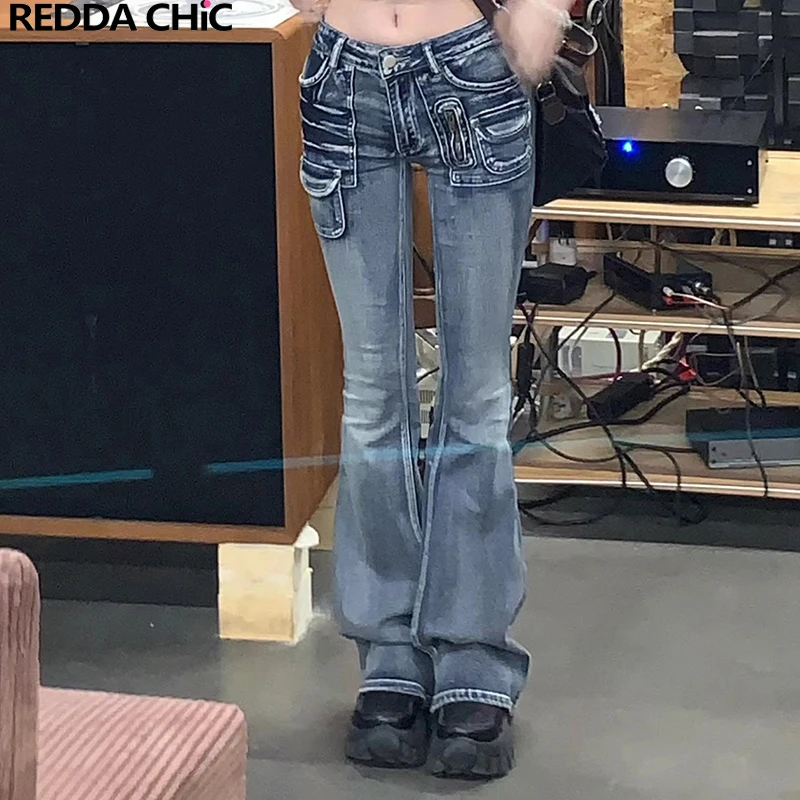 

ReddaChic Pockets Low Rise Women Flare Jeans 90s Retro Slim Fit Bootcut Pants Personality Grunge Y2k Vintage Korean Streetwear