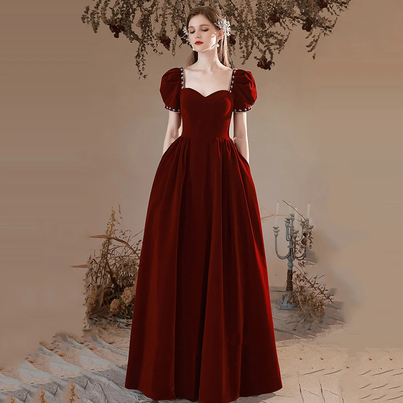 

Burgundy Evening Gowns With Cap Sleeve Sweetheart Velour Party Prom Gowns Plus Size Pearls Beading Vestido De Festa