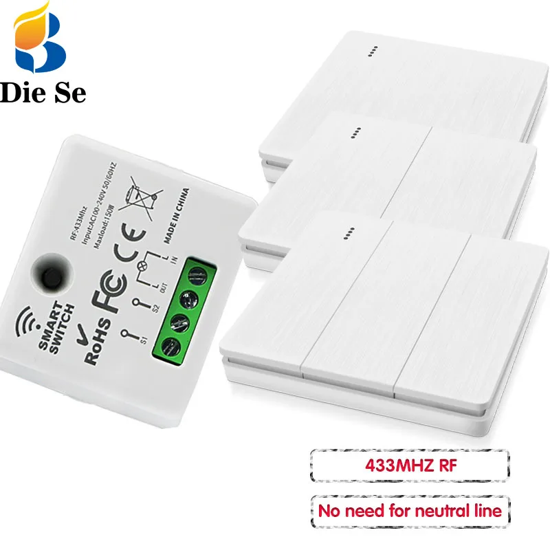 Universal Remote Control Switch AC 220V RF Relay Receiver Without Neutral Line and 433MHZ Push Button Wall Panel Switch,for LED
Universal Remote Control Switch AC 220V RF Relay Receiver Without Neutral Line and 433MHZ Push Button Wall Panel Switch,for LED