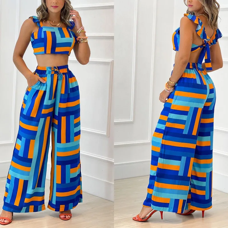 Women Blue Print Pants Set 2022 Summer Fashion Lace Up Sleeveless Tops & High Waist Wide Leg Pants Two Piece Set Casual Suit
Women Blue Print Pants Set 2022 Summer Fashion Lace Up Sleeveless Tops & High Waist Wide Leg Pants Two Piece Set Casual Suit