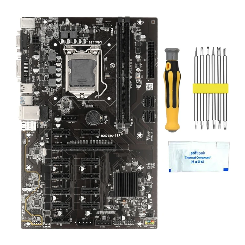 

B250 BTC Mining Motherboard with Thermal Grease+Screwdriver Kit 12 PCIE to USB3.0 Graphics Slot LGA1151 DDR4 RAM SATA3.0