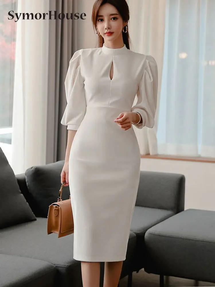 Hot Sale Summer Autumn Stand Collar Dress Women Fashion Puff Bodycon Slim Solid Color White Office Lady Pencil Midi Dresses
Hot Sale Summer Autumn Stand Collar Dress Women Fashion Puff Bodycon Slim Solid Color White Office Lady Pencil Midi Dresses