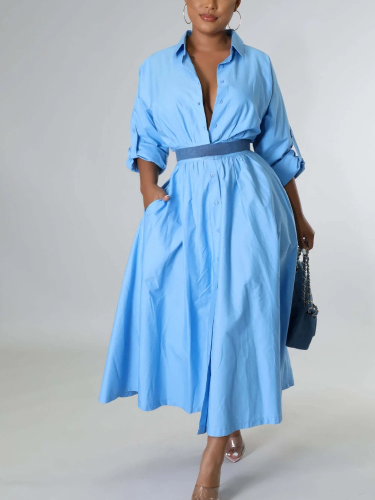 Women Shirt Dress High Waist Button Up Turn Down Collars Midi Female Elegant Fashion Spring Summer Casual Robes Office Lady New
Women Shirt Dress High Waist Button Up Turn Down Collars Midi Female Elegant Fashion Spring Summer Casual Robes Office Lady New