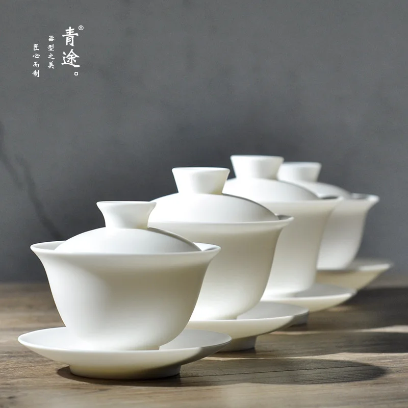

Gaiwan Handmade Mutton Fat Jade White Porcelain Large Cover Bowl Single Household Unglazed Ceramic Kung Fu Tea Set Tea Bowl