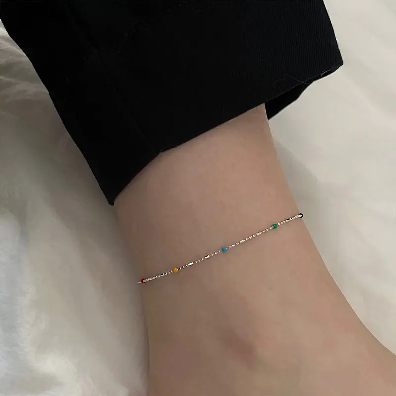 

Fashion Real 925 Sterling Silver Beads Chains Anklet Bracelets For Women Elegant Colorful Beads Anklets Female Foot Jewelry