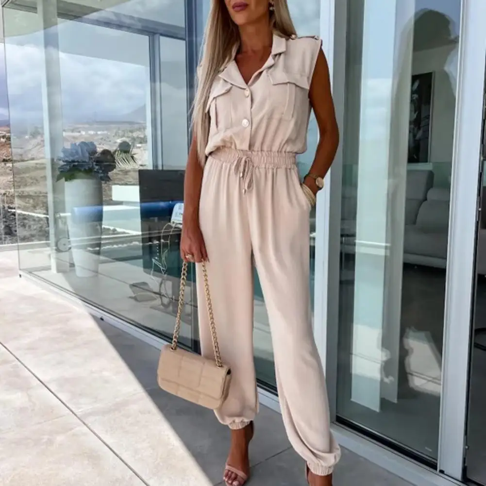 Office Lady Jumpsuit Lapel V-neck Sleeveless Jumpsuit Flap Pockets High Waist Elastic Waistband Drawstring Wide Leg Long Romper
Office Lady Jumpsuit Lapel V-neck Sleeveless Jumpsuit Flap Pockets High Waist Elastic Waistband Drawstring Wide Leg Long Romper
