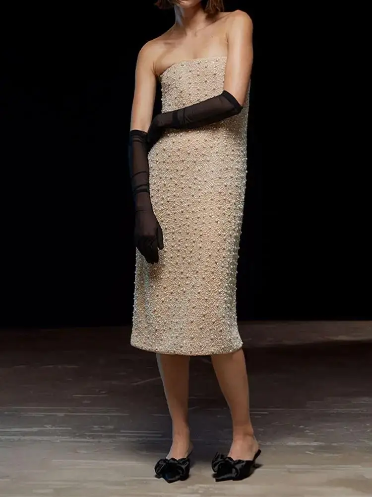 Women Fashion Strapless Midi Dress Sexy Pearls Slim Fit Off-shoulder Backless Robes Autumn Solid Club Party Evening Dresses
Women Fashion Strapless Midi Dress Sexy Pearls Slim Fit Off-shoulder Backless Robes Autumn Solid Club Party Evening Dresses