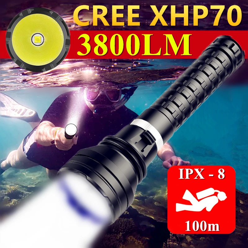 Водонепроницаемый подводный фонарик CREE XHP70 IPX8 100 м профессиональный мощный